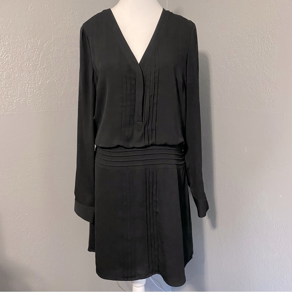 White House Black Market drop waist pleated tuxedo shirt dress black long sleeve